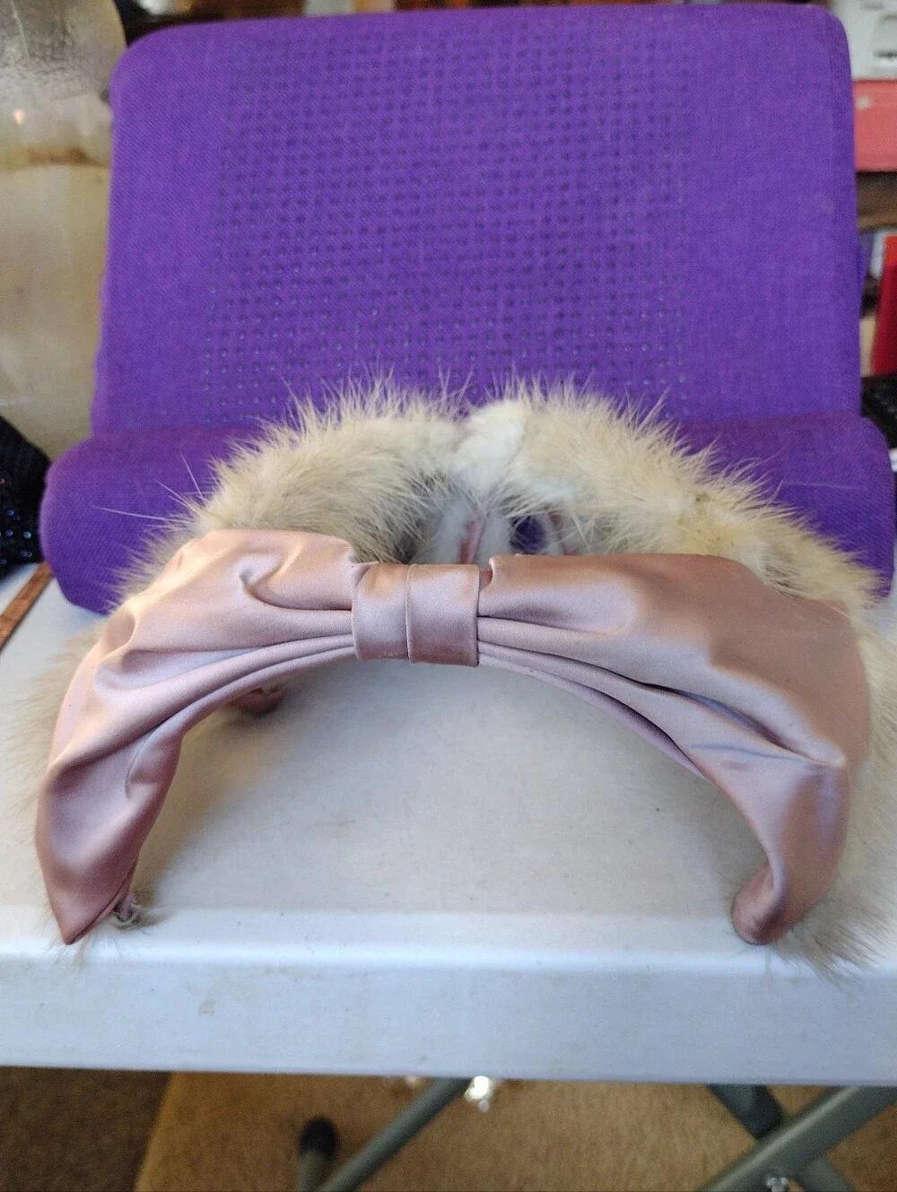 Faux Fur Trim Satin Headband in Blush Pink